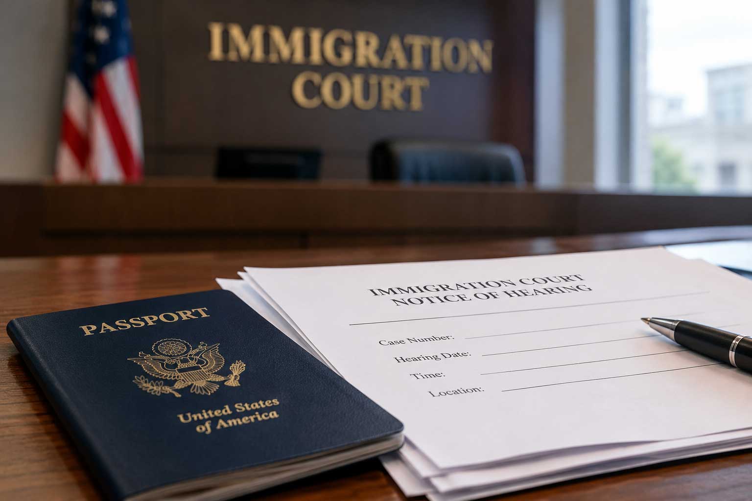 Documentos de inmigración y pasaporte estadounidense frente a una sala de audiencias de inmigración.